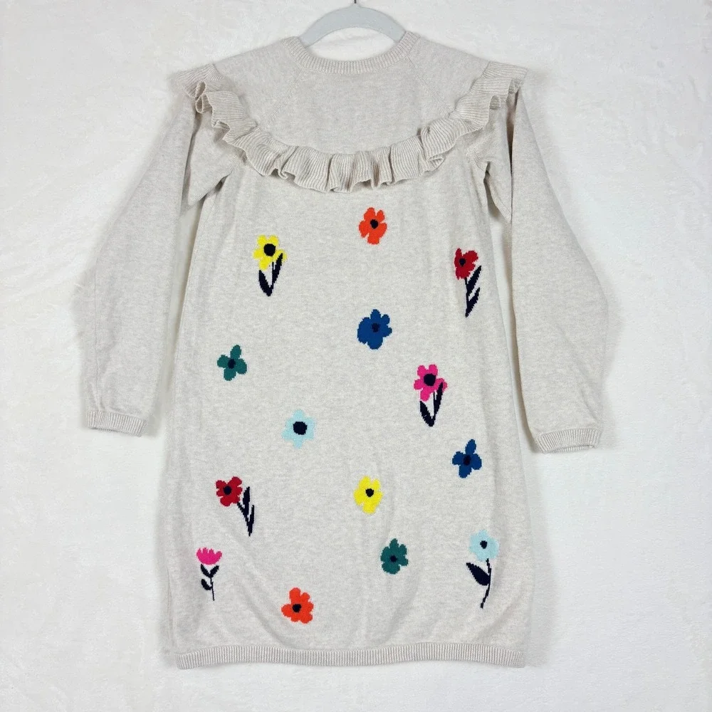 Hanna‎ Andersson Dress Girls 140cm US 10 Cream Floral Ruffle Long Sleeve Cotton